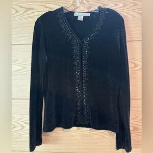 Vintage Lucia Burns Embellished Black V-Neck Soft Cardigan Top Size Small